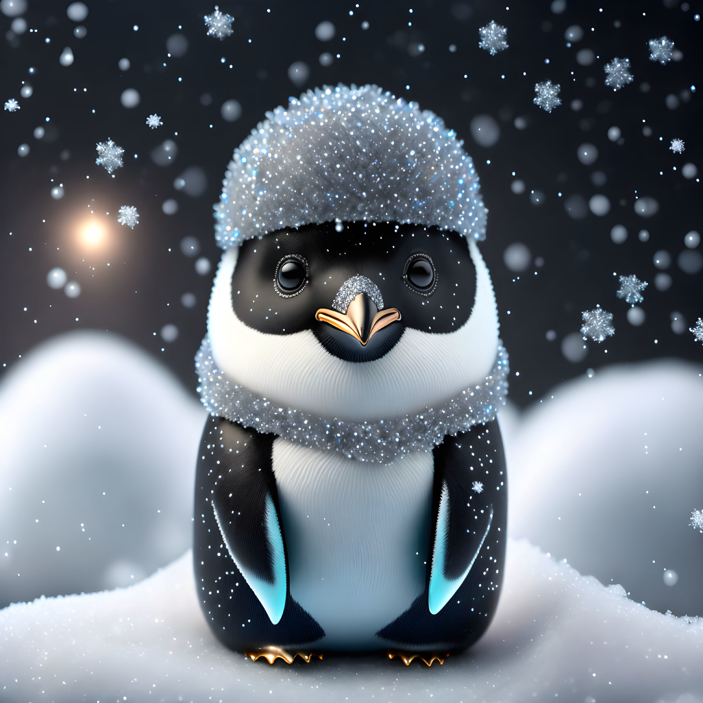 Illustrated penguin in snowfall on wintry background