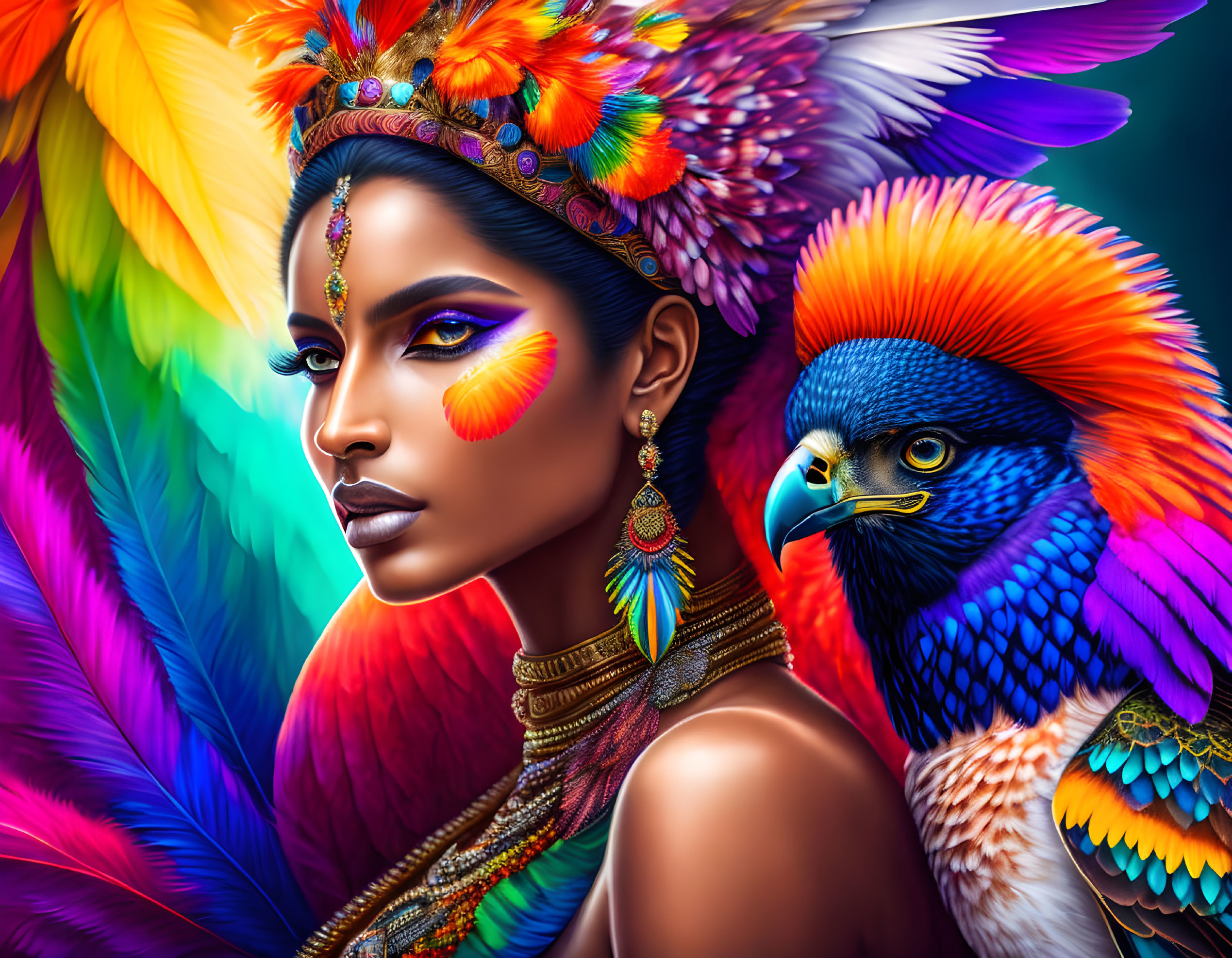 Colorful portrait of woman with feathers and parrot in exotic setting