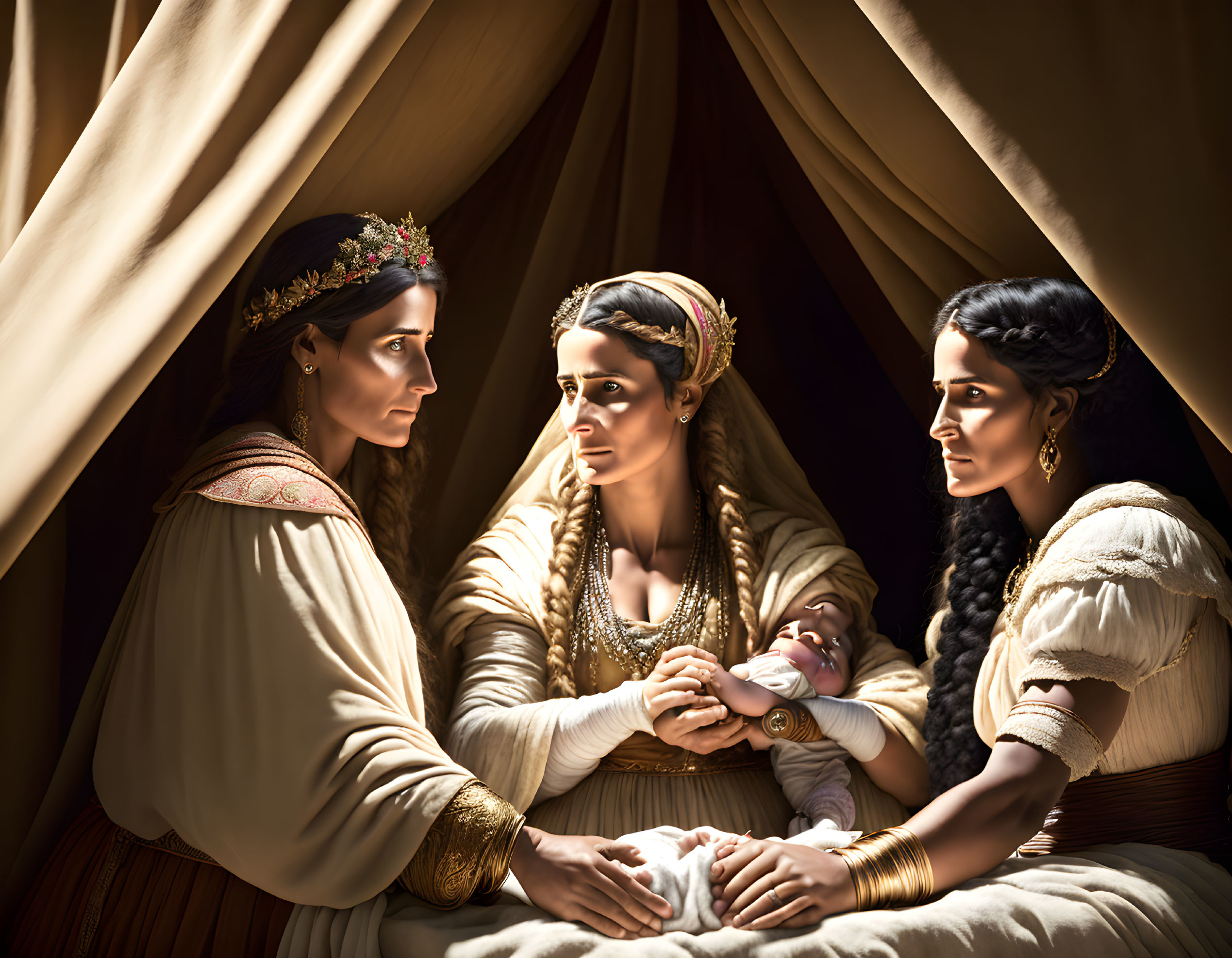 Three women with a baby in historical clothing inside a tent under soft light