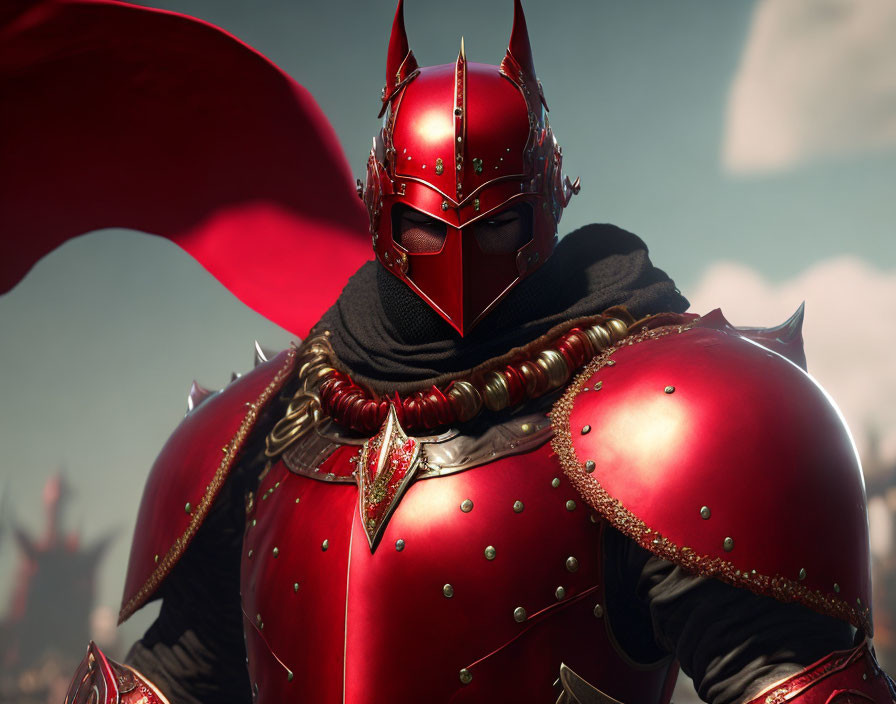 Ornate Red Armor Figure with Spiked Helmet and Fortress Background