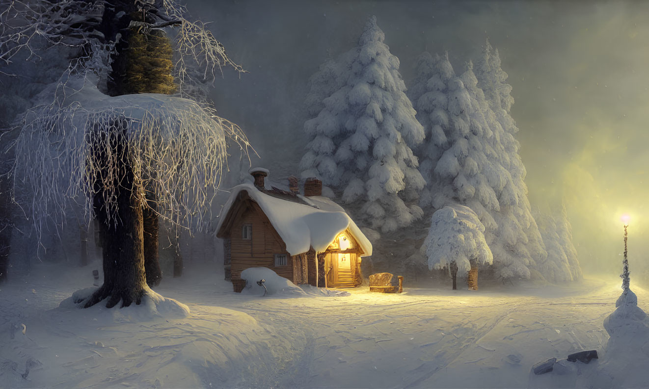 Snowy Forest Cabin with Lit Doorway in Serene Dusk Setting