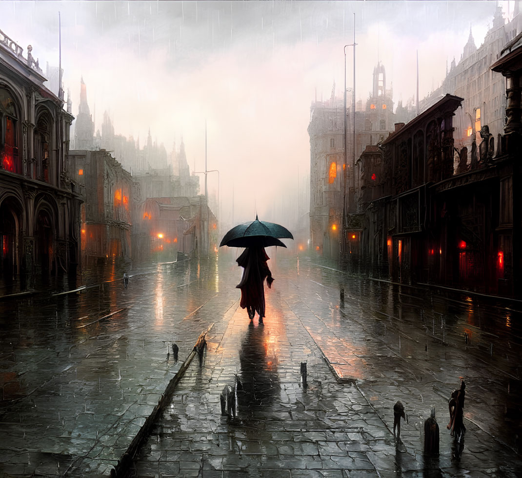 Solitary figure with umbrella on rainy cobbled street among silhouetted people and Gothic architecture