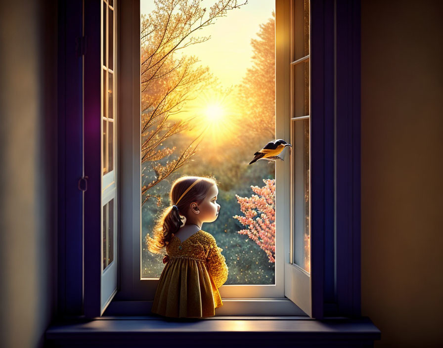 Young girl in yellow dress looking out window at sunset with bird and golden trees.