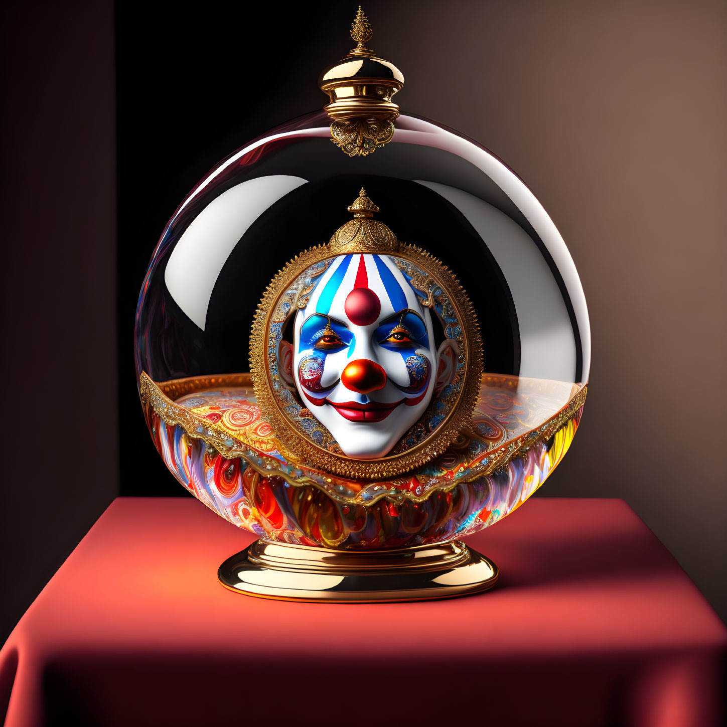 Colorful jester face design on ornate glass perfume bottle