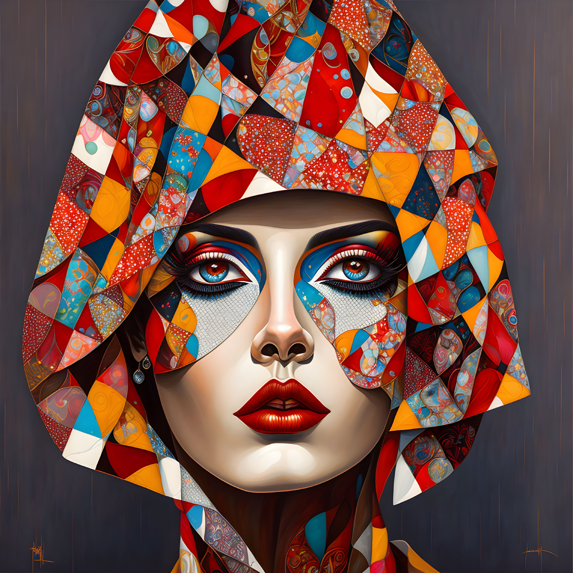 Colorful Patterned Headscarf on Stylized Woman with Red Lips