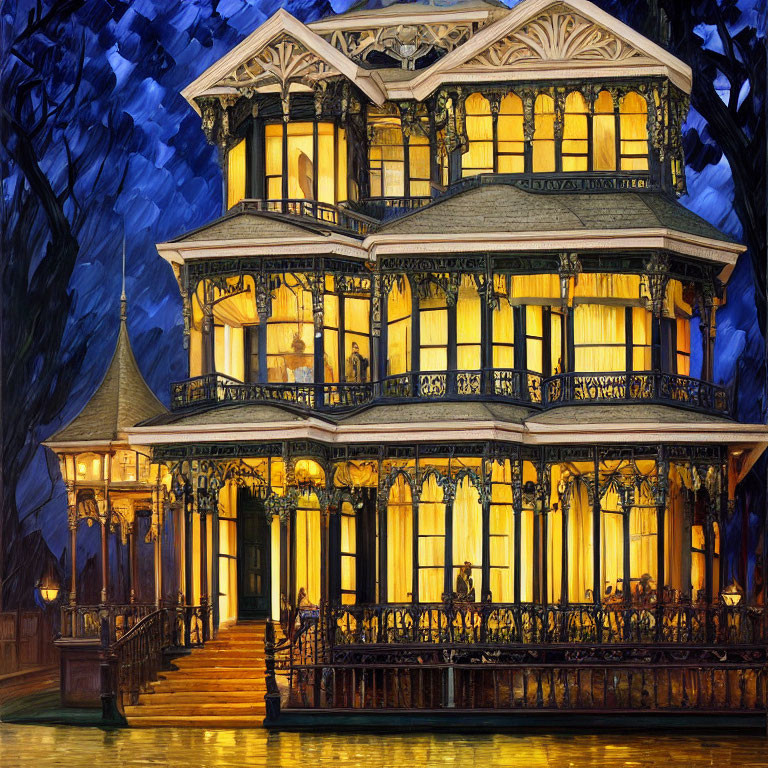 Victorian house with intricate woodwork and wrap-around porch at dusk in front of impressionist-style trees