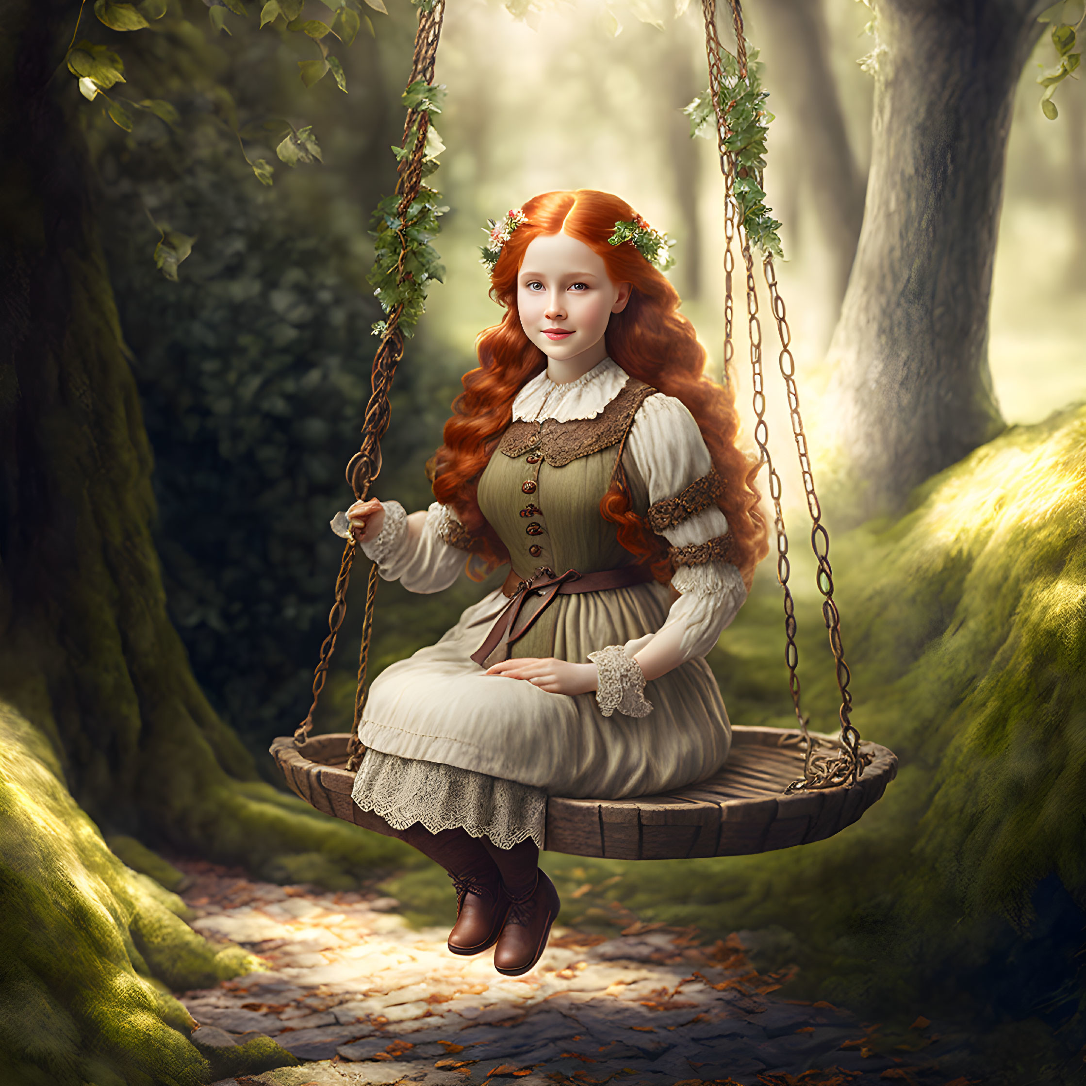 Red-haired girl on swing in sunlit forest with green wreath