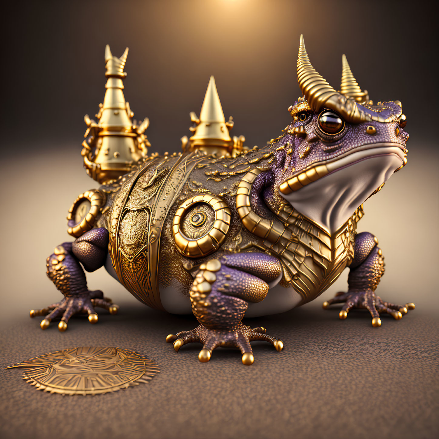 Fantasy mechanical frog with golden and purple hues and intricate gears