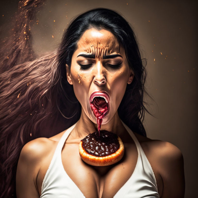 Woman with dramatic makeup biting chocolate donut on beige backdrop