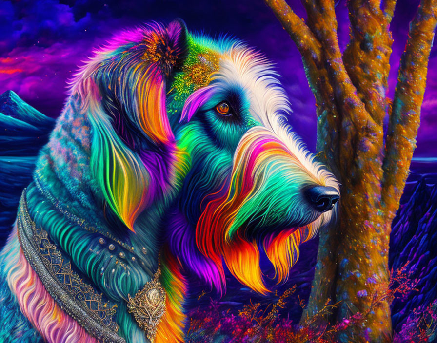 Colorful Dog Portrait with Psychedelic Fur Pattern and Cosmic Sky Background