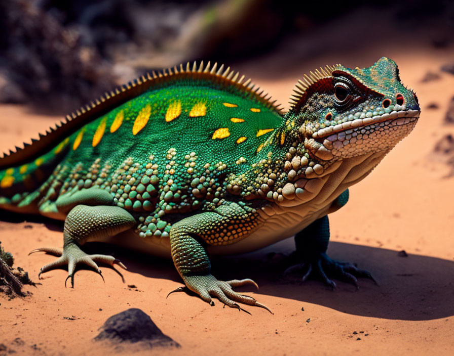 Colorful Lizard with Spiny Scales on Red Sand