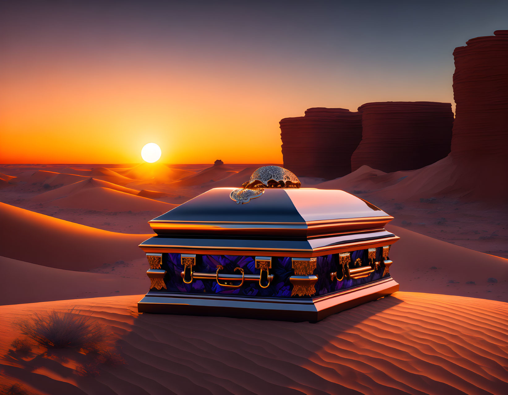 Ornate treasure chest on desert dune at vibrant sunset