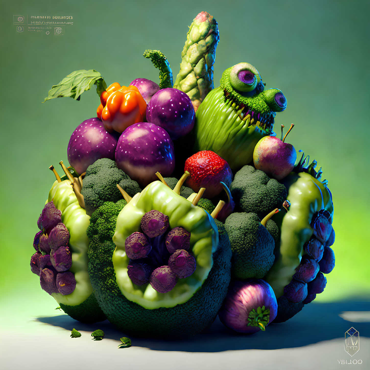 Whimsical creature made of fruits and vegetables with eye stalk