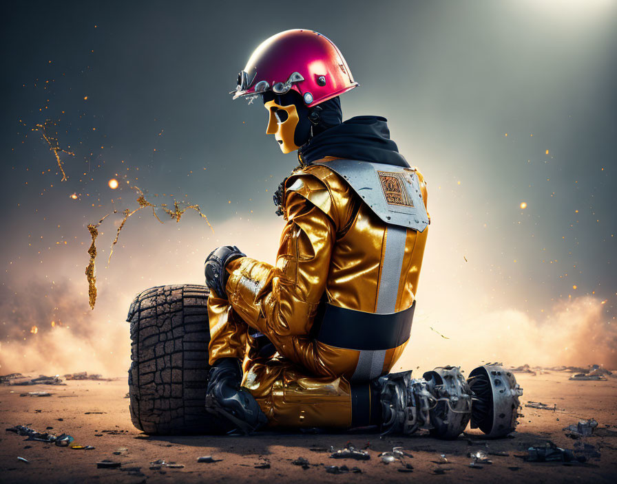 Astronaut in Gold Suit on Tire in Explosive Landscape