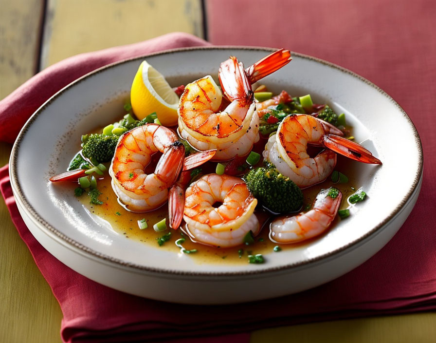 Circular Grilled Shrimps Plate with Broccoli and Lemon Slice