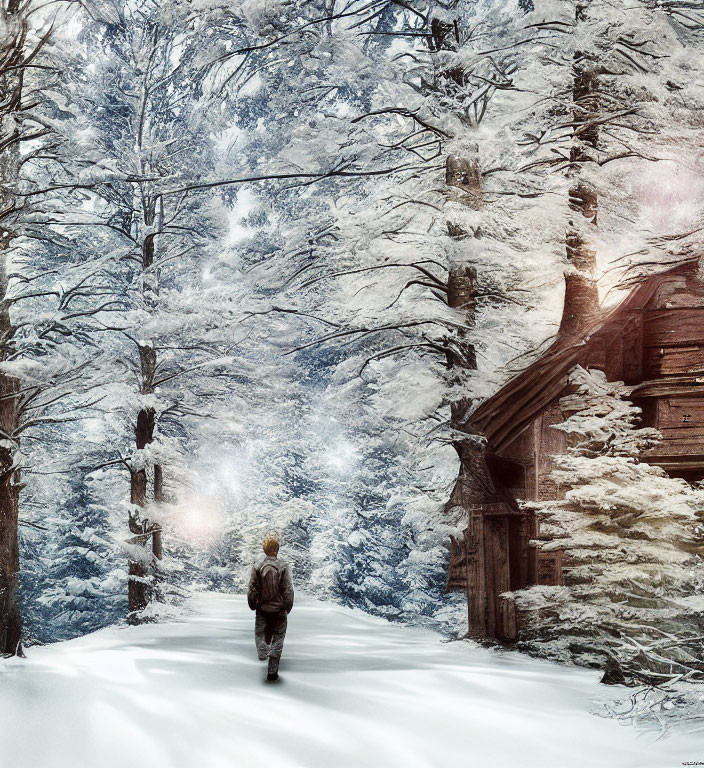 Snowy path by wooden cabin in winter forest.