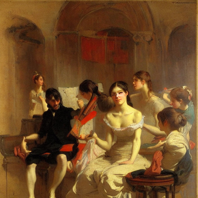 19th-Century Painting: Woman in White Listens to Violinist in Warm Interior