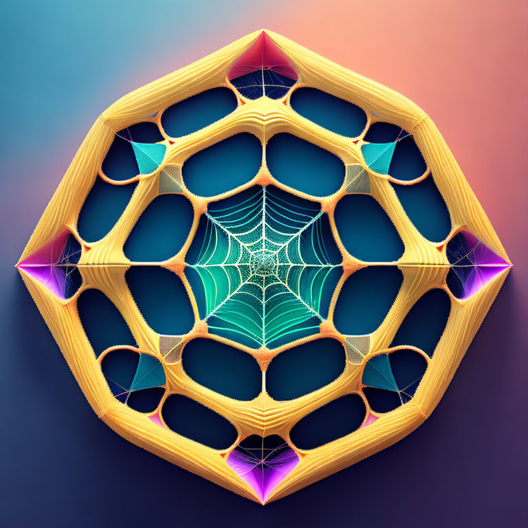 Symmetrical hexagonal pattern with spiderweb structure on gradient background