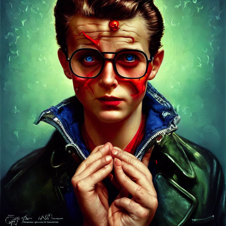 Stylized portrait of young man with blue eyes and red glasses holding a red pill