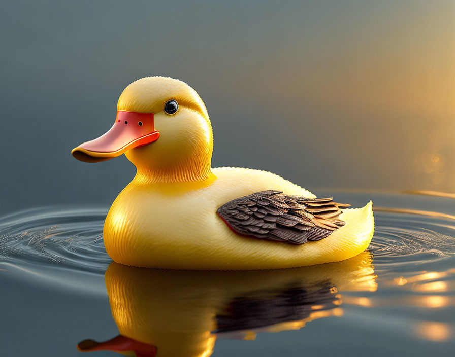 Realistic rubber duck with feathered wings on tranquil water