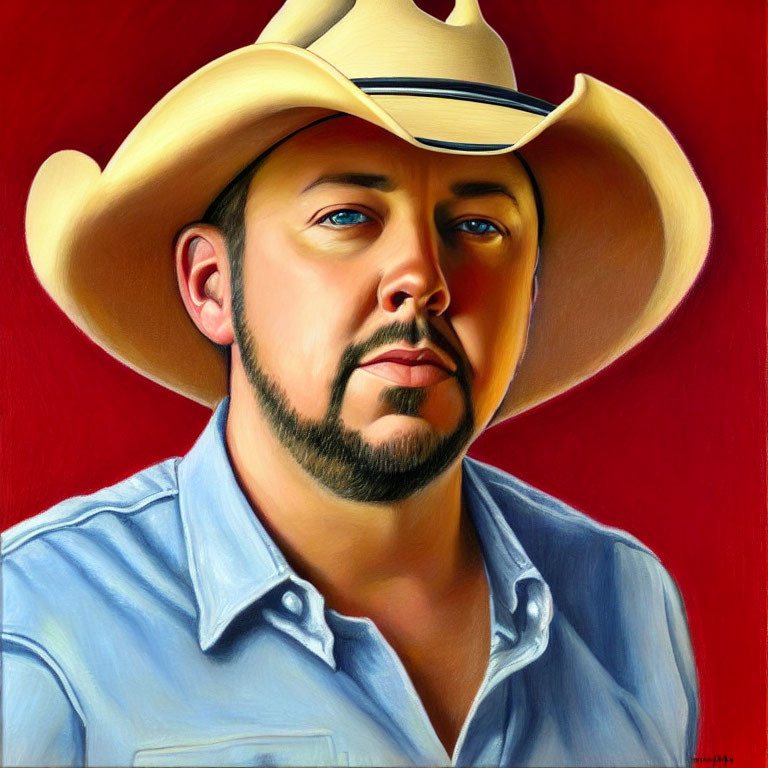 Serious Bearded Man in Straw Cowboy Hat and Blue Shirt on Red Background