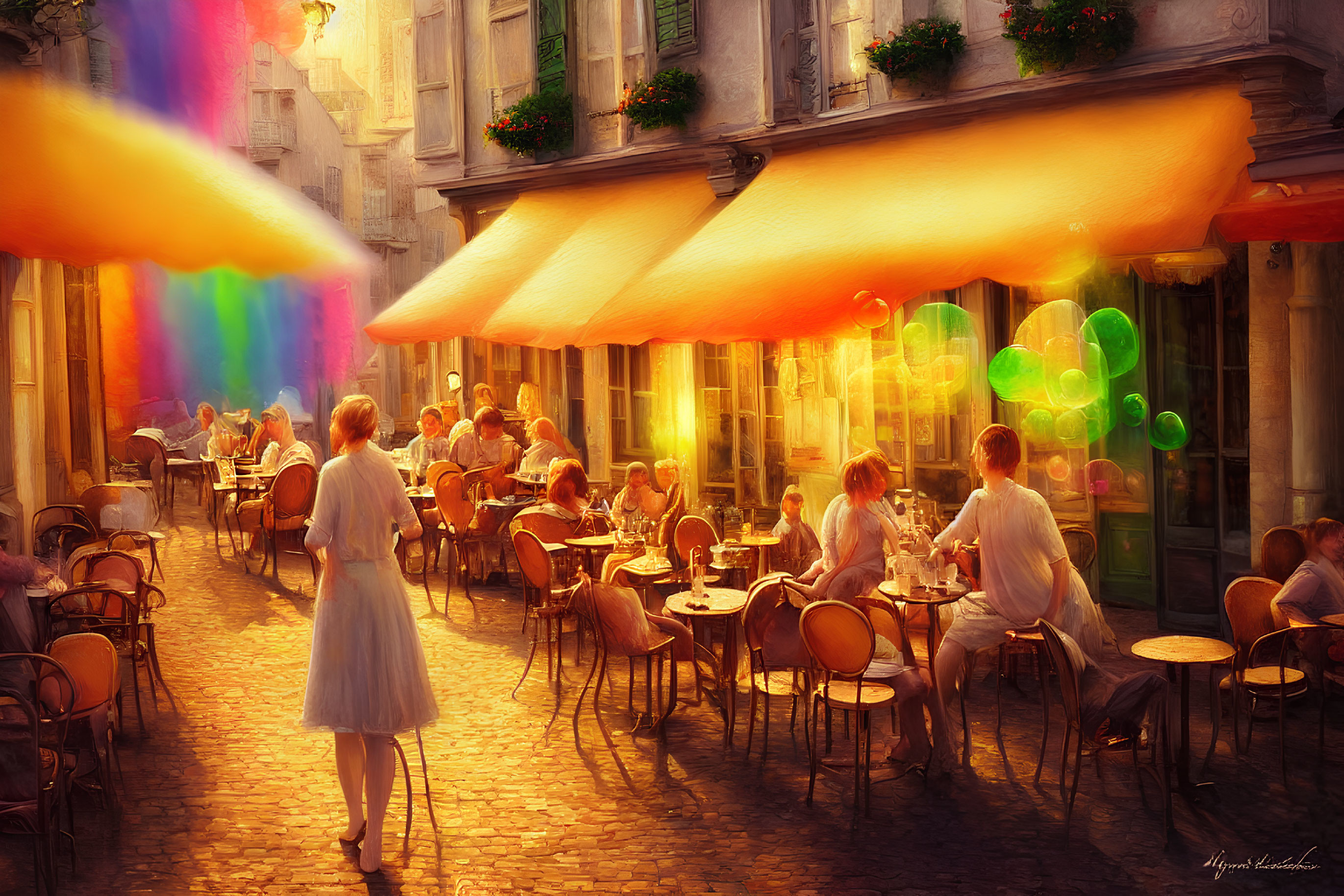 Quaint cobbled street with outdoor café seating and colorful surreal light streaks