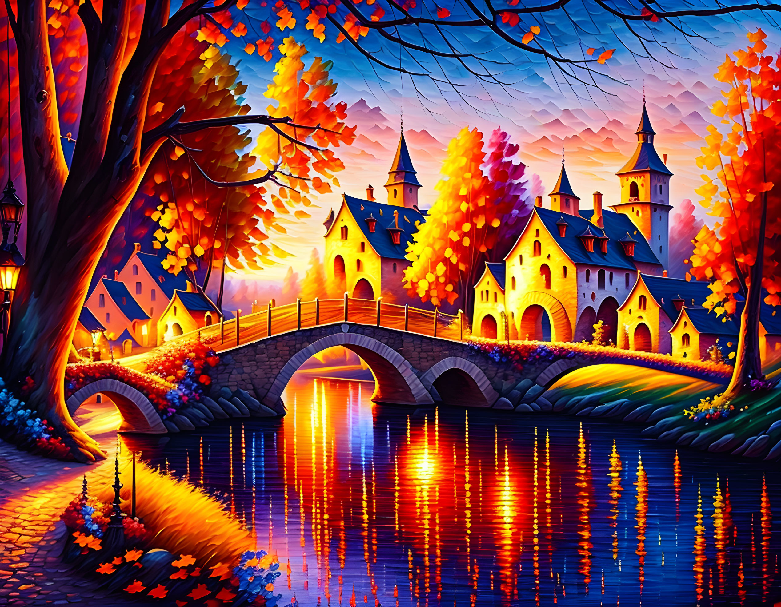 Vibrant painting of autumn village, stone bridge, river, and castle