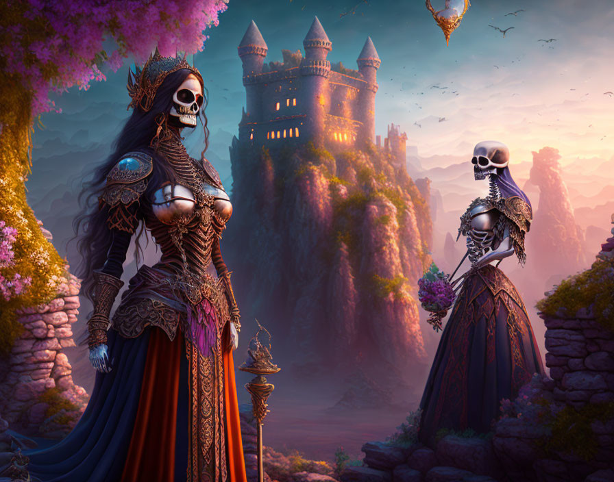 Medieval-themed artwork featuring two skeletons in dresses with a castle, lanterns, and birds.