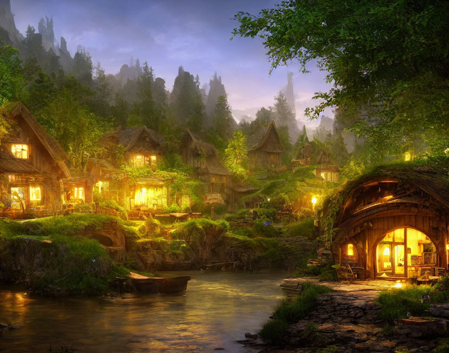 Tranquil fantasy village with thatched-roof cottages near river at twilight