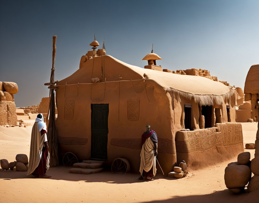 Desert mud brick house with thatched roof and two people in robes.