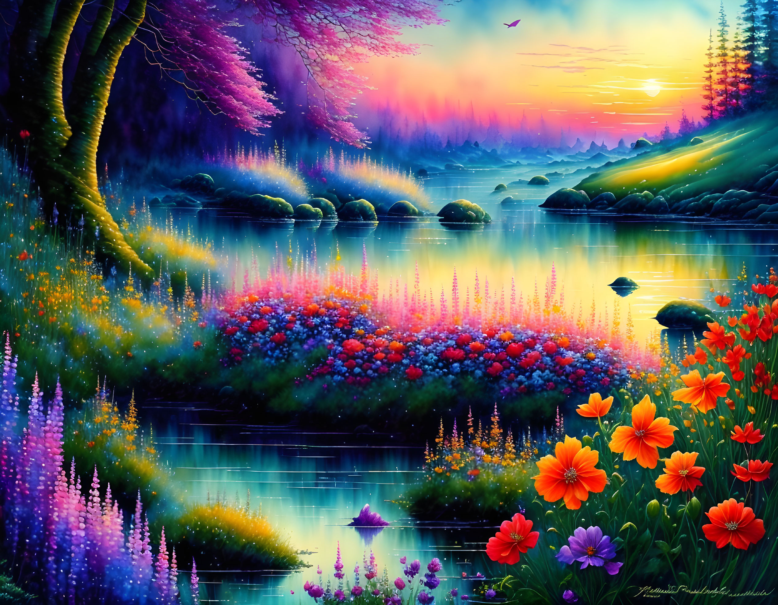 Colorful Landscape with Lake, Flowers, Trees, and Sunset Sky