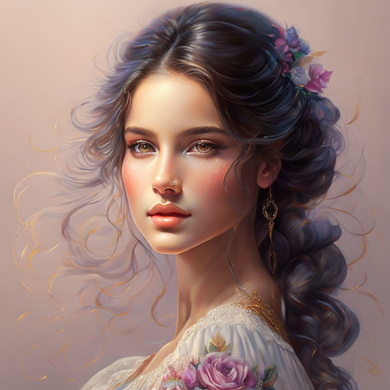 Digital portrait of a woman with wavy hair, flowers, soft makeup, and earring