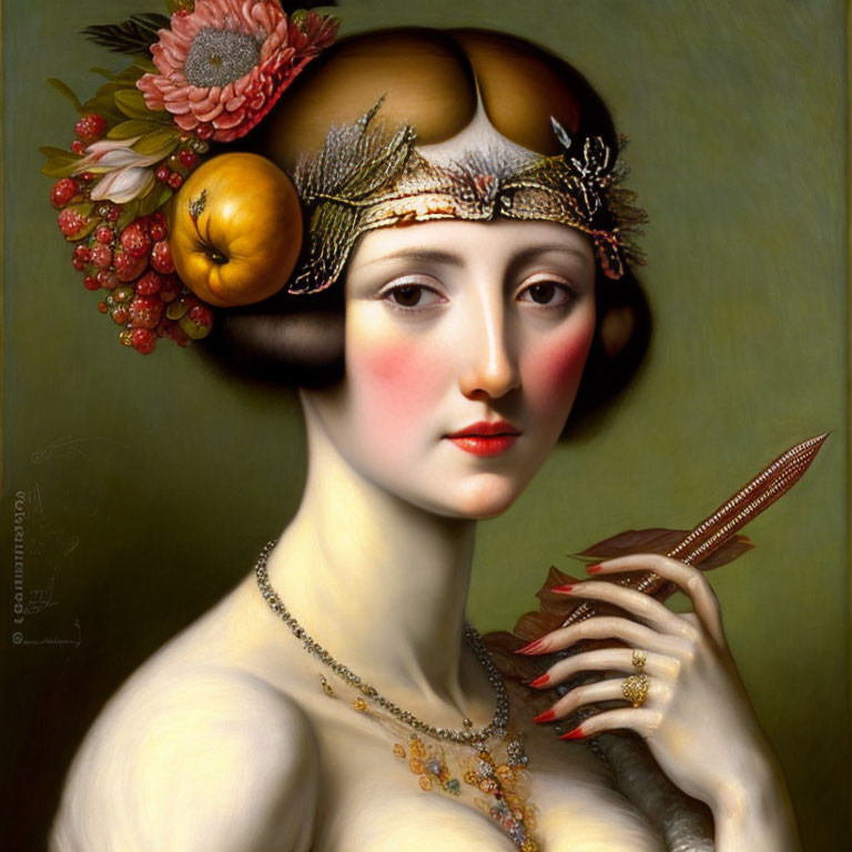 Portrait of a woman with fruit headpiece, arrow, classical attire.