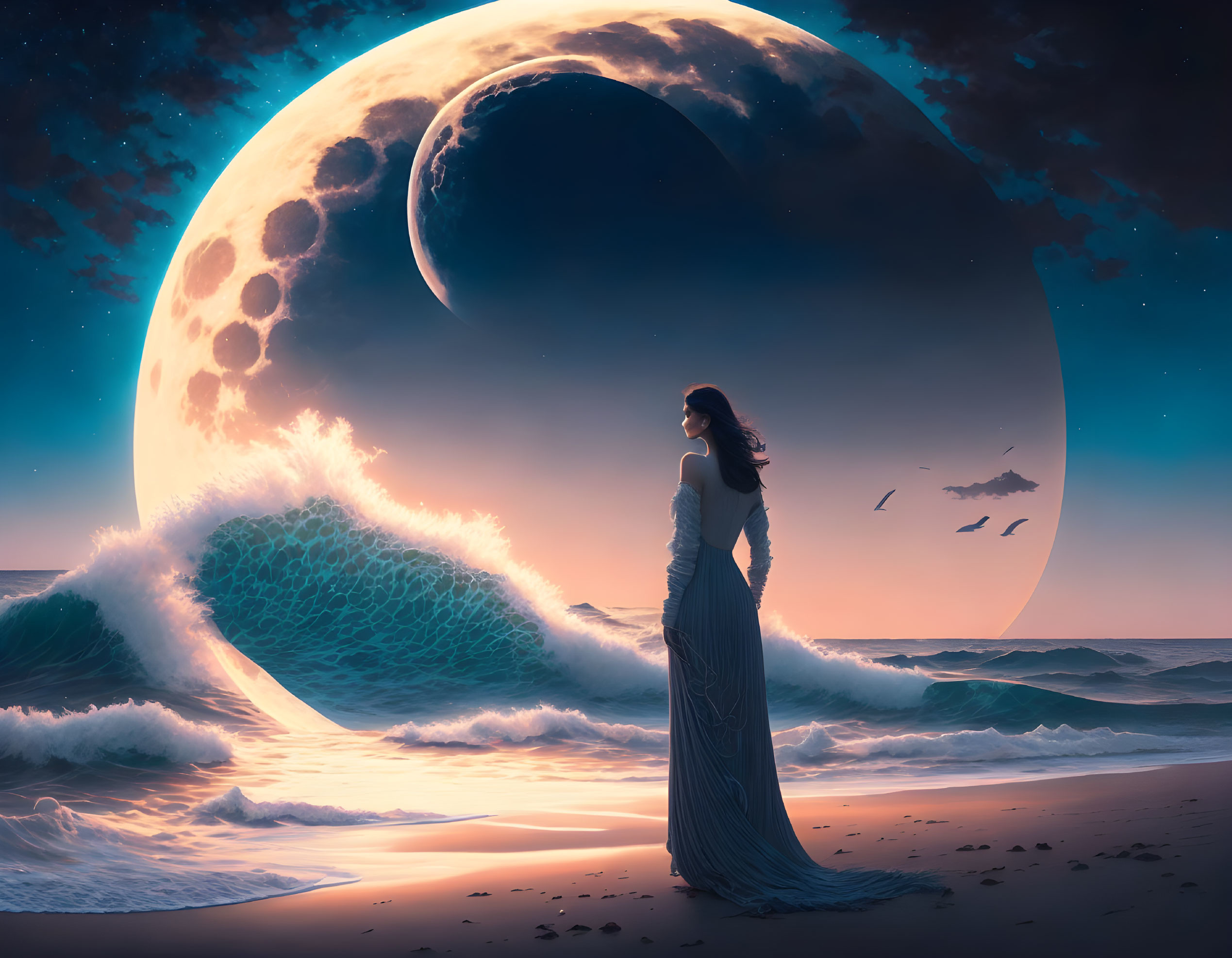 Woman on beach gazes at surreal planetary body at twilight