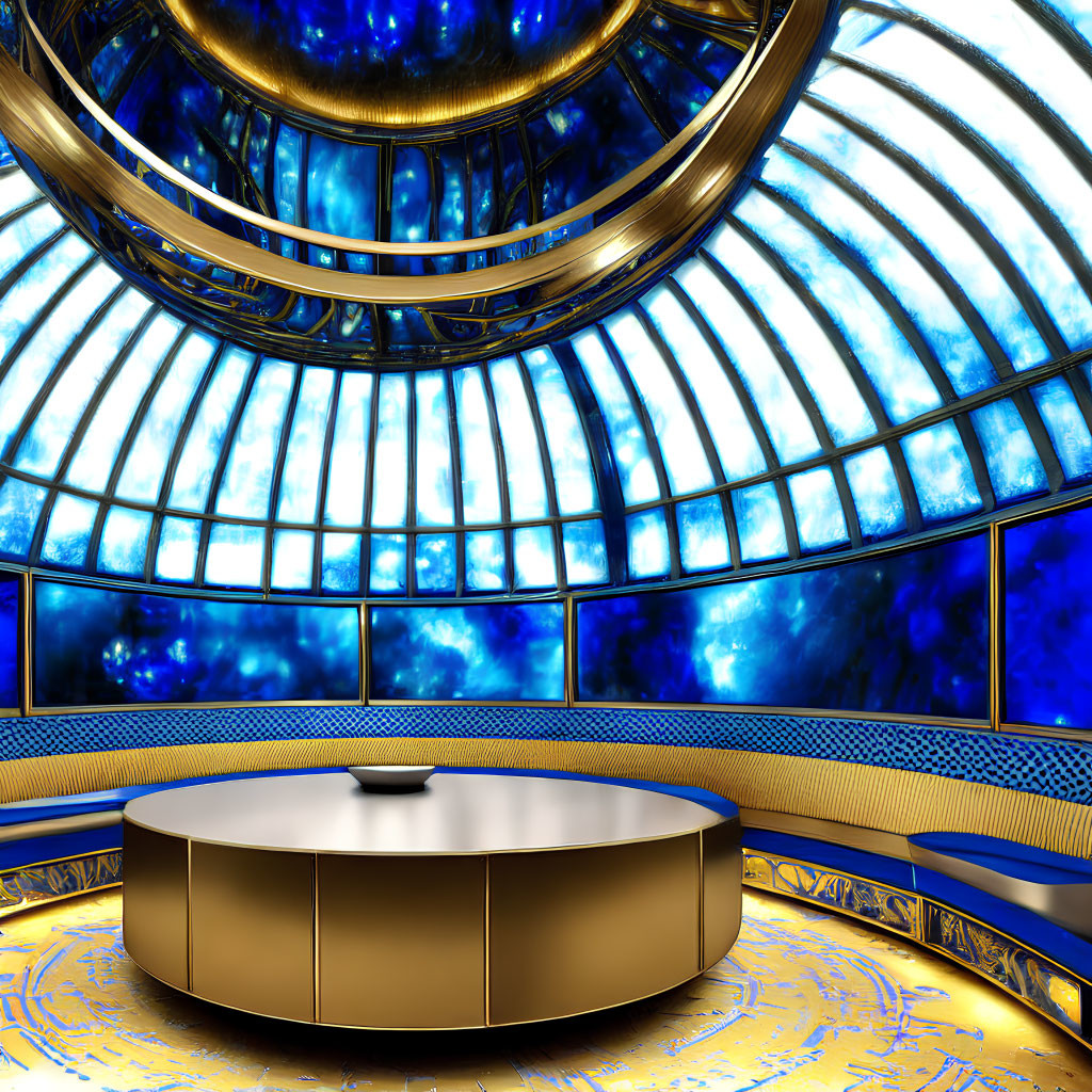 Futuristic circular room with golden floors and blue neon dome.