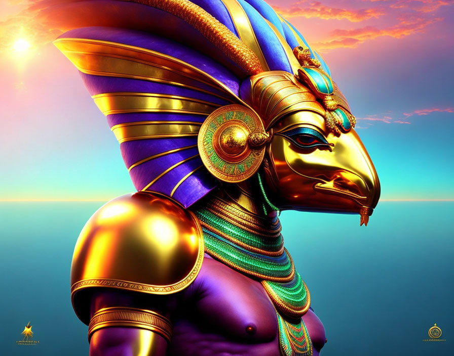 Digital illustration: Ancient Egyptian deity character with golden eagle head & pharaoh's headdress.