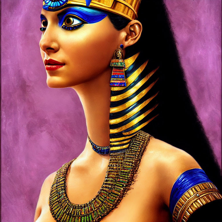 Colorful portrait of a woman as Egyptian pharaoh on purple backdrop