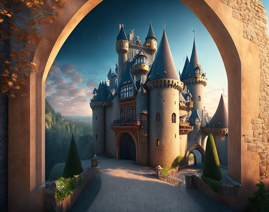 Majestic castle with spires in golden sunlight and green surroundings