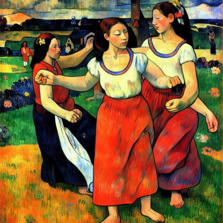 Vibrant painting of three women dancing in a colorful field