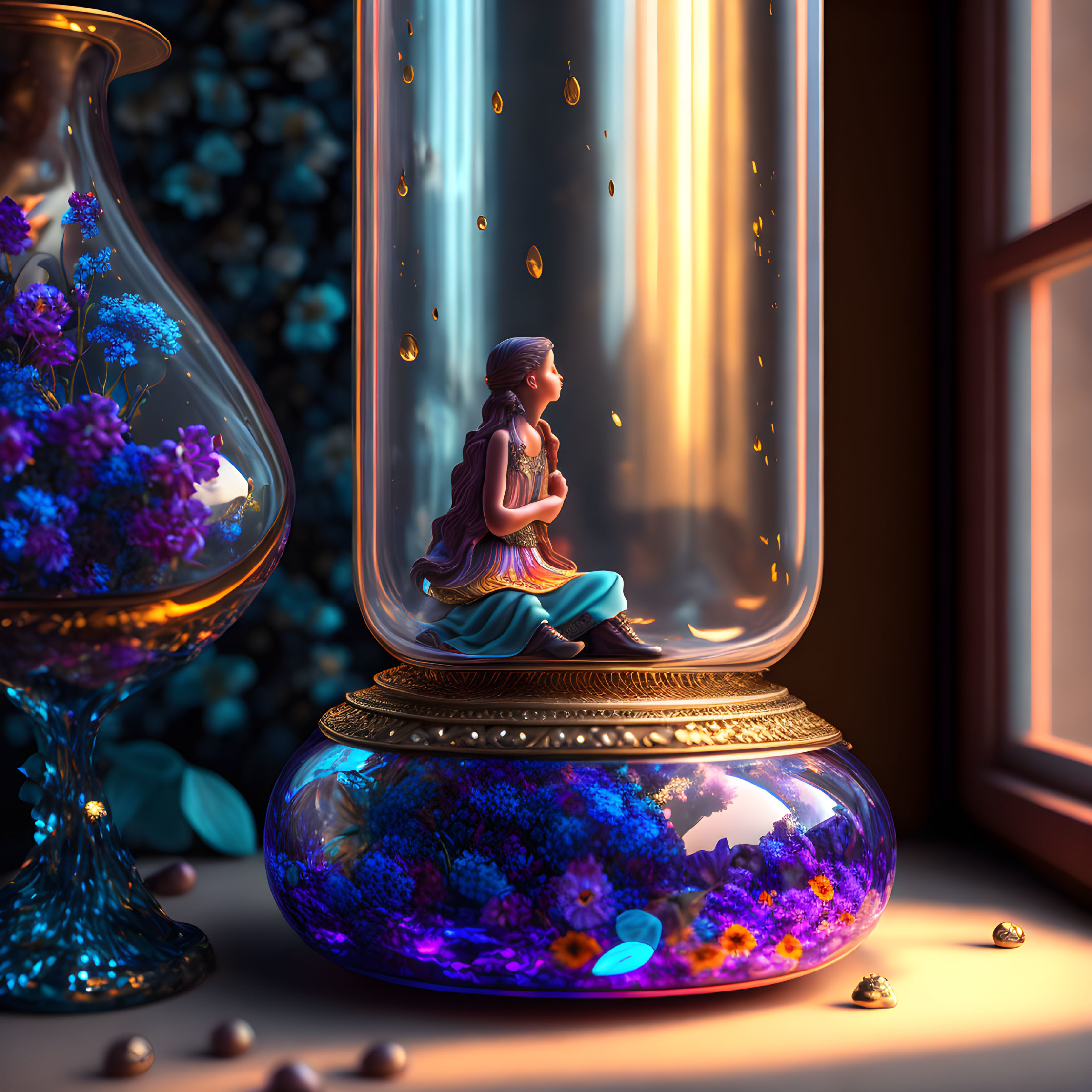 Miniature woman in glass jar surrounded by flowers and floating droplets by window