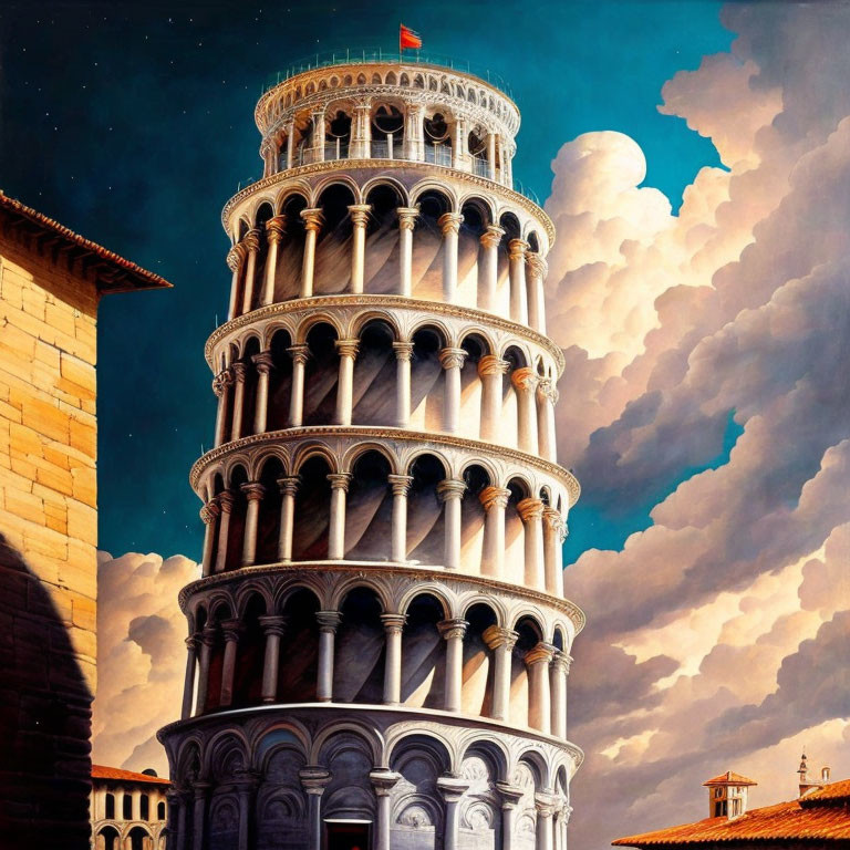 Detailed Architecture of Leaning Tower of Pisa in Dynamic Sky