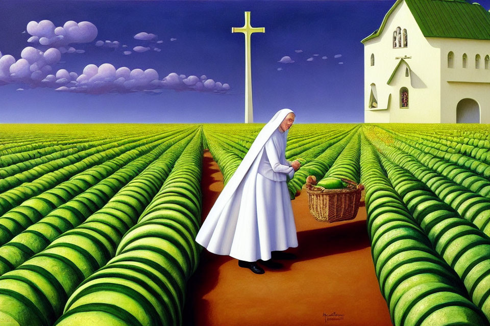 Nun walking through green hills to church under blue sky