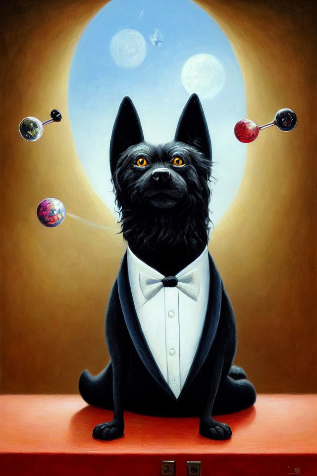 Whimsical painting of black dog in tuxedo with celestial orbs and planets on oval window backdrop