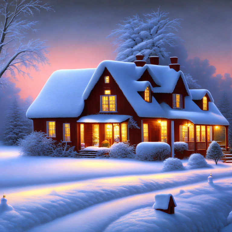 Snow-covered House Glowing in Twilight Winter Scene