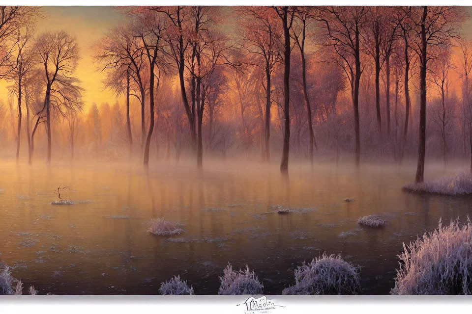 Frost-covered riverscape at dawn with mist and sunlight through bare trees.