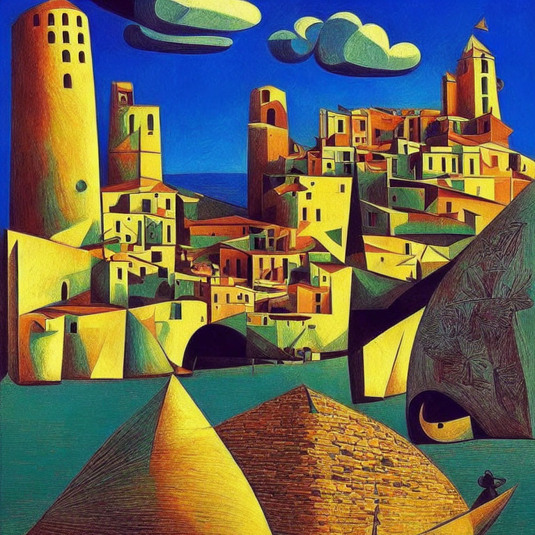 Vibrant Cubist Painting of Mediterranean Village