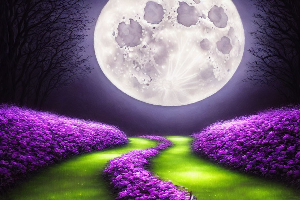 Fantasy landscape: Winding path, purple flowers, full moon, dark trees