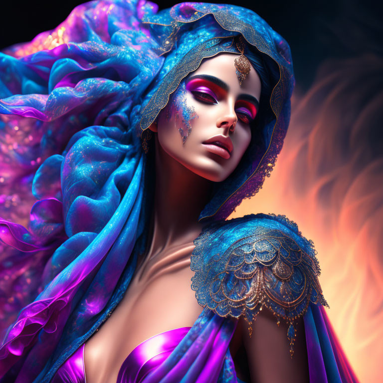 Woman with Striking Makeup in Richly Embellished Blue and Purple Headdress against Fiery Back