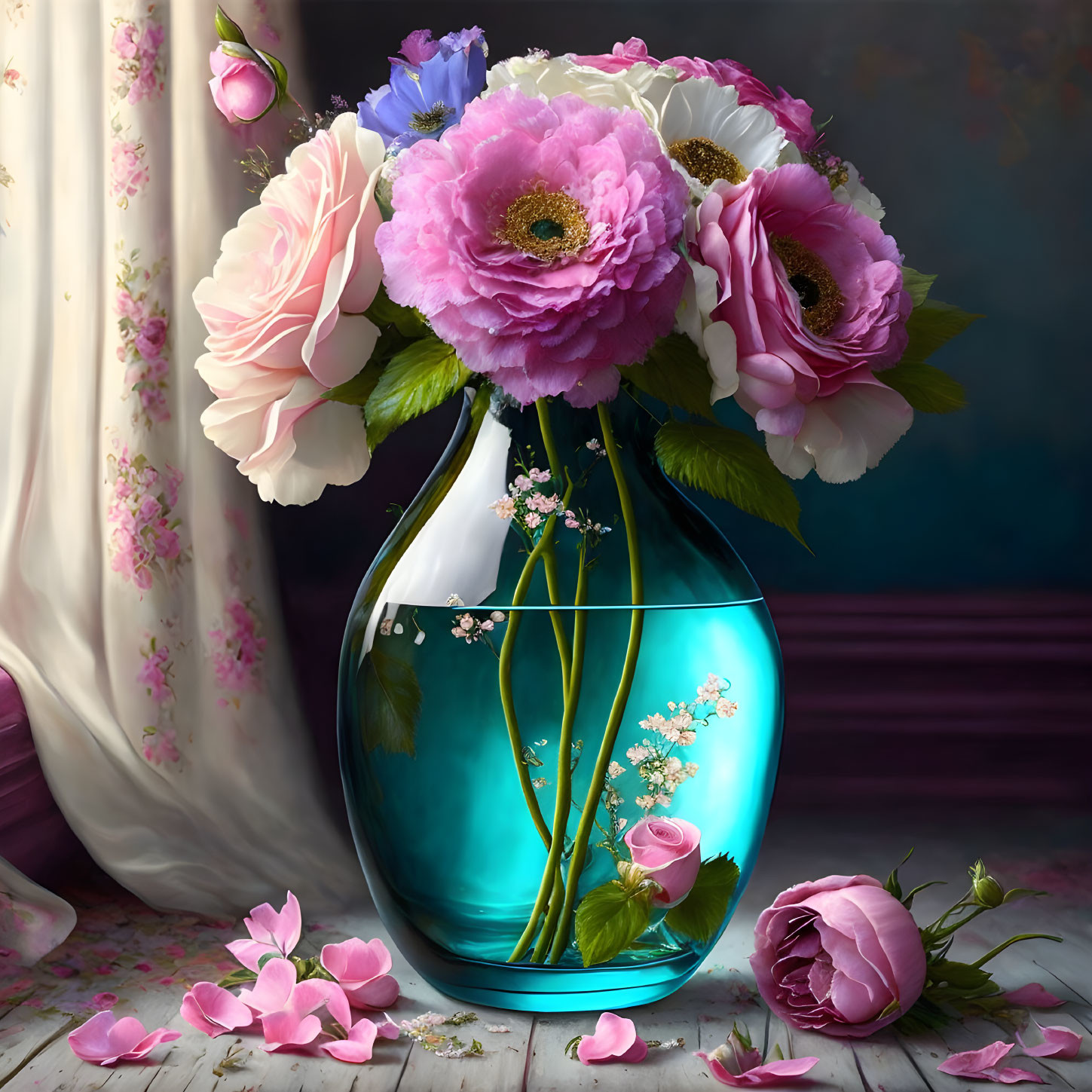 Pink and White Flowers Bouquet in Turquoise Vase by Draped Window