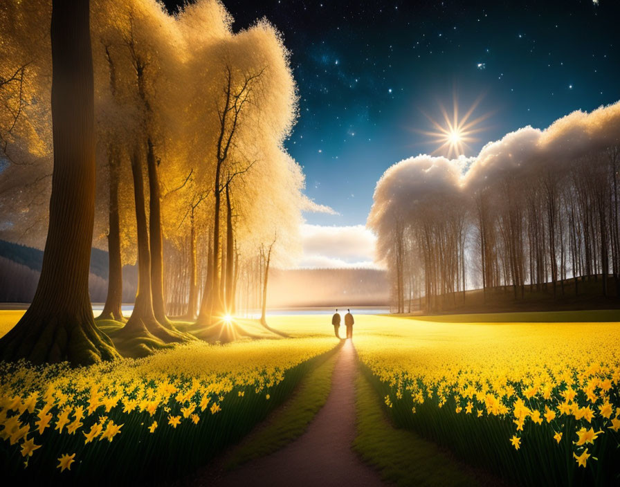 Couple strolling through daffodil field at twilight